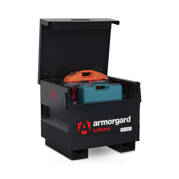 Armorgard TuffBank TB21 Site Box — open box with illustrative tool cases. Tool cases shown for illustration, not included.