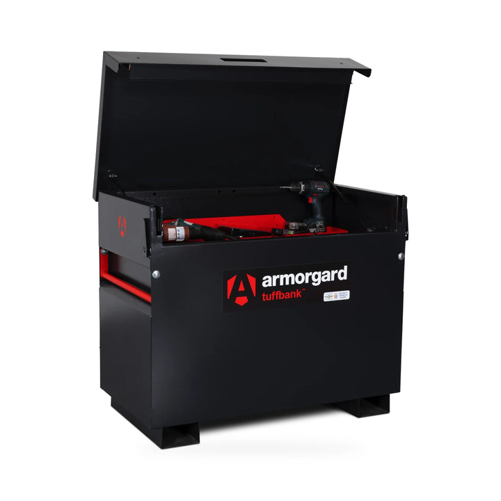 Armorgard TuffBank TB3 Site Box — with optional shelf and illustrative tools. Optional shelf shown; tools are illustrative and not included.