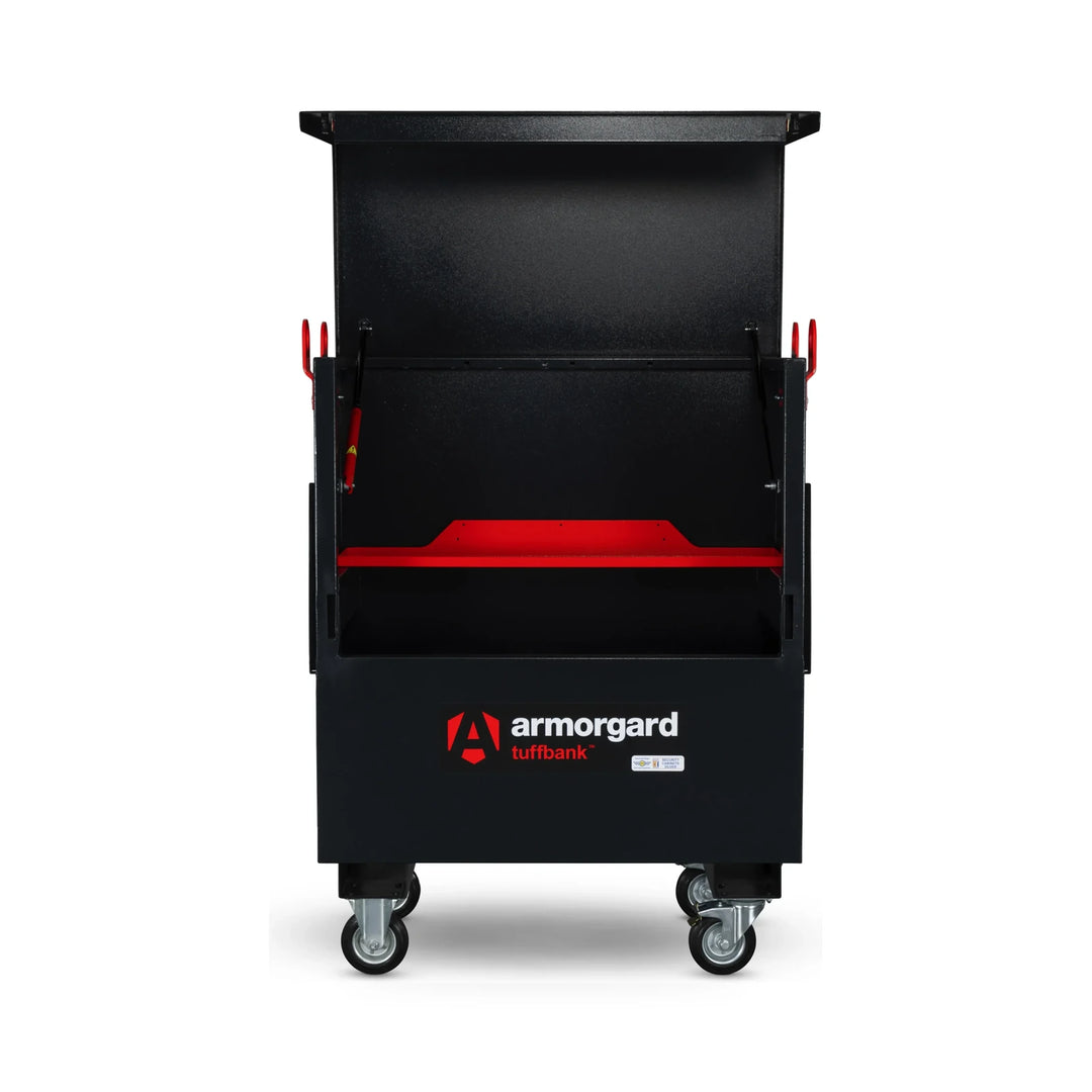 Armorgard TuffBank TBC4 Site Box — with optional castors, lifting eyes and deep shelf. Optional castors, crane lifting eyes and deep shelf shown, not included.