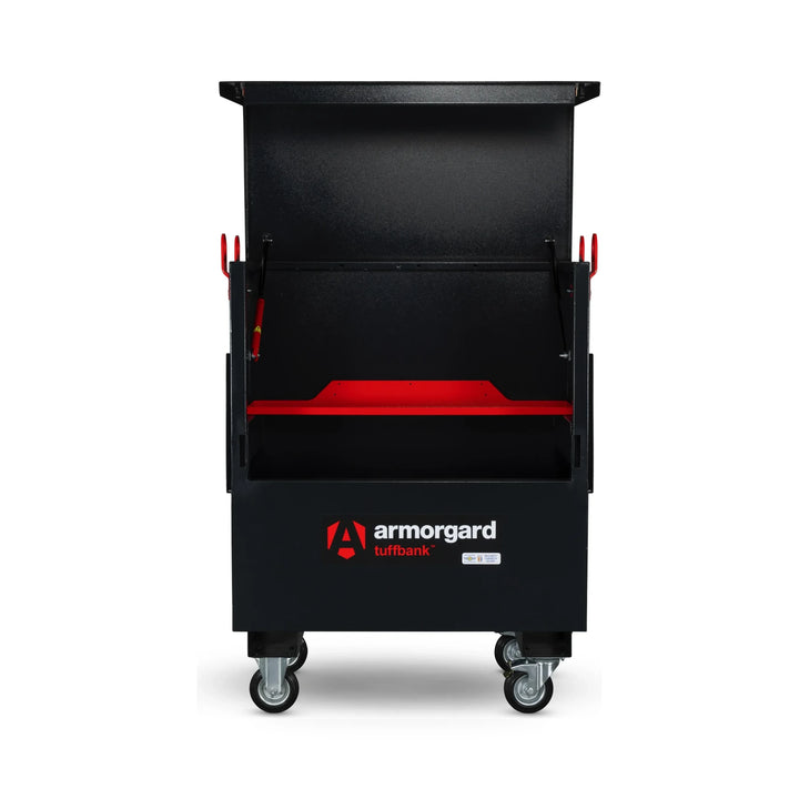 Armorgard TuffBank TBC4 Site Box — with optional castors, lifting eyes and deep shelf. Optional castors, crane lifting eyes and deep shelf shown, not included.