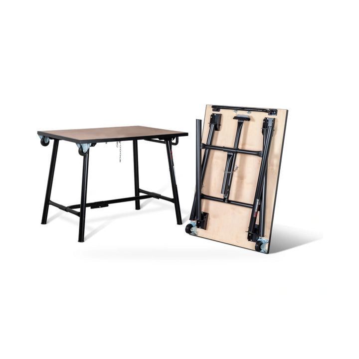 Armorgard TuffBench BH10-HWF Folding Workbench — folded and unfolded configurations with standard handle and wheels. Manufacturer composite shows one model in two configurations; supplied as one workbench.